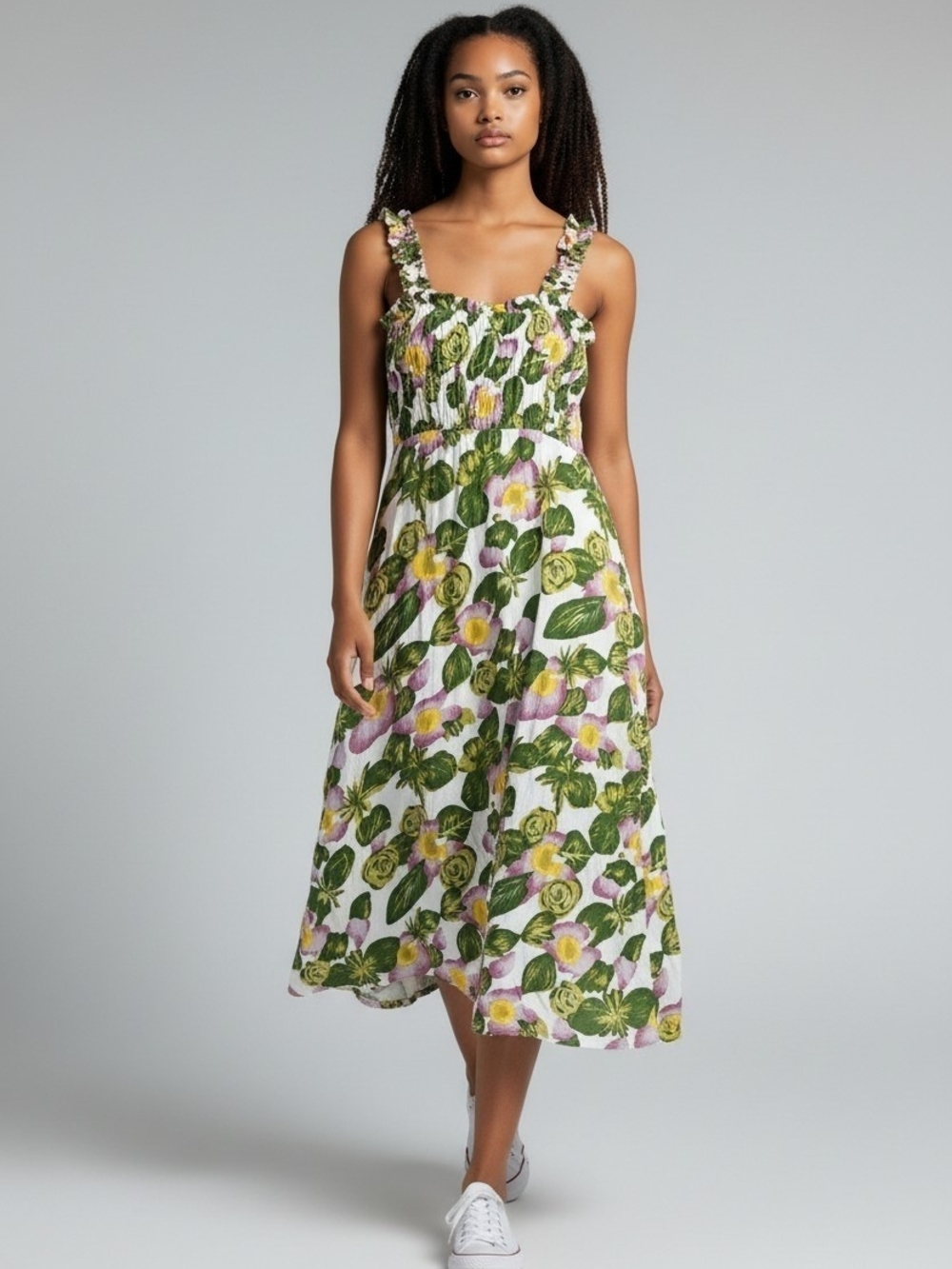 Faithfull the Brand Green, Yellow & Pink Floral Smocked Midi Dress Casual